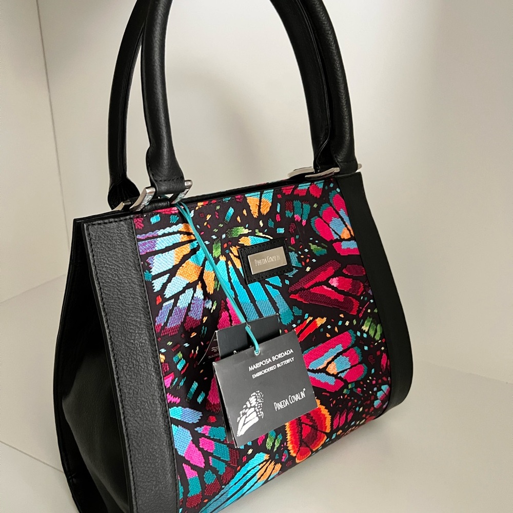 Multicolor Butterfly Panel Satchel with Black Trim